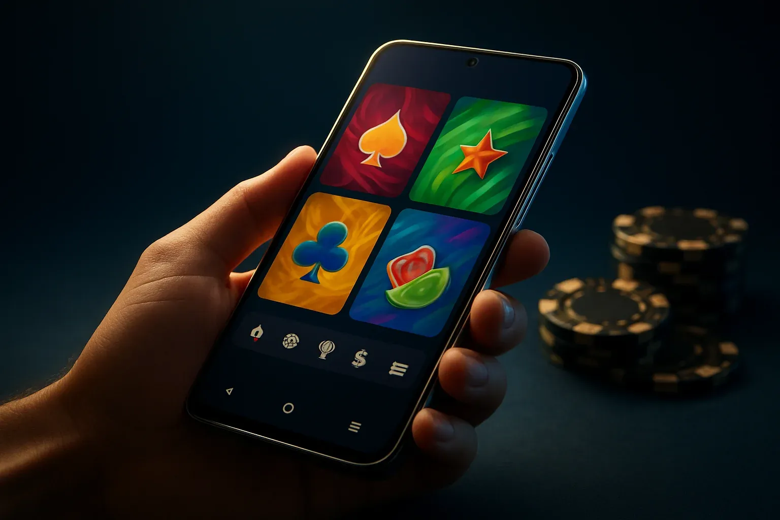 Hyperrealistic flagship Android smartphone showing vivid casino app interface, dark blue background