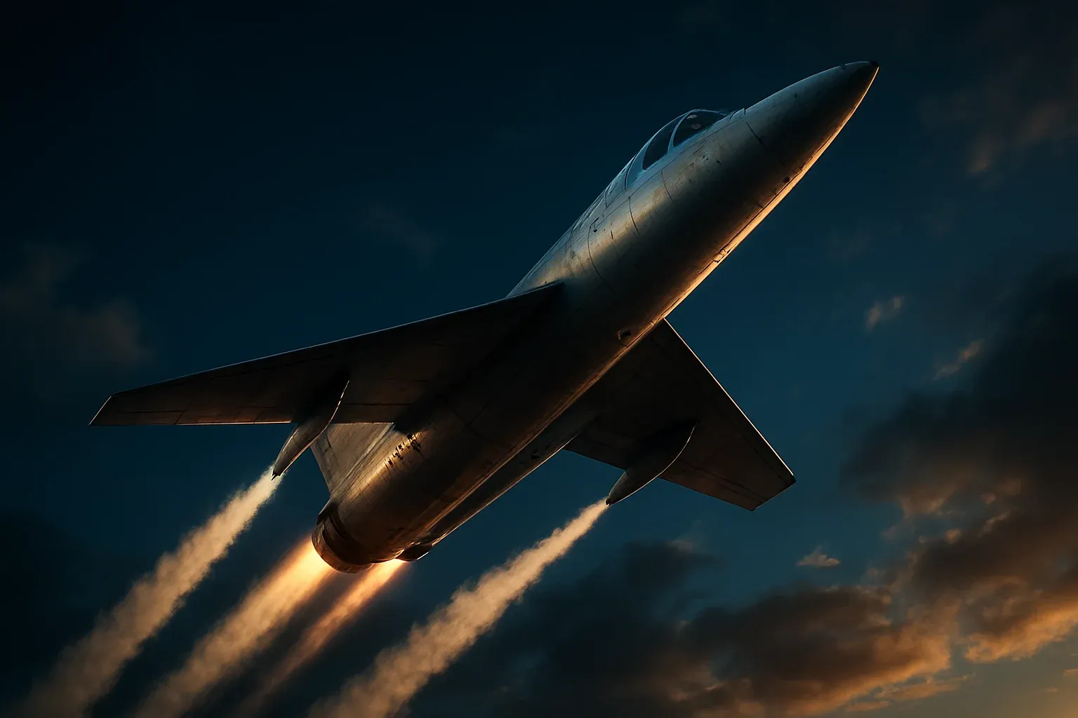 Hyperrealistic white jet aircraft climbing steeply in deep blue sky