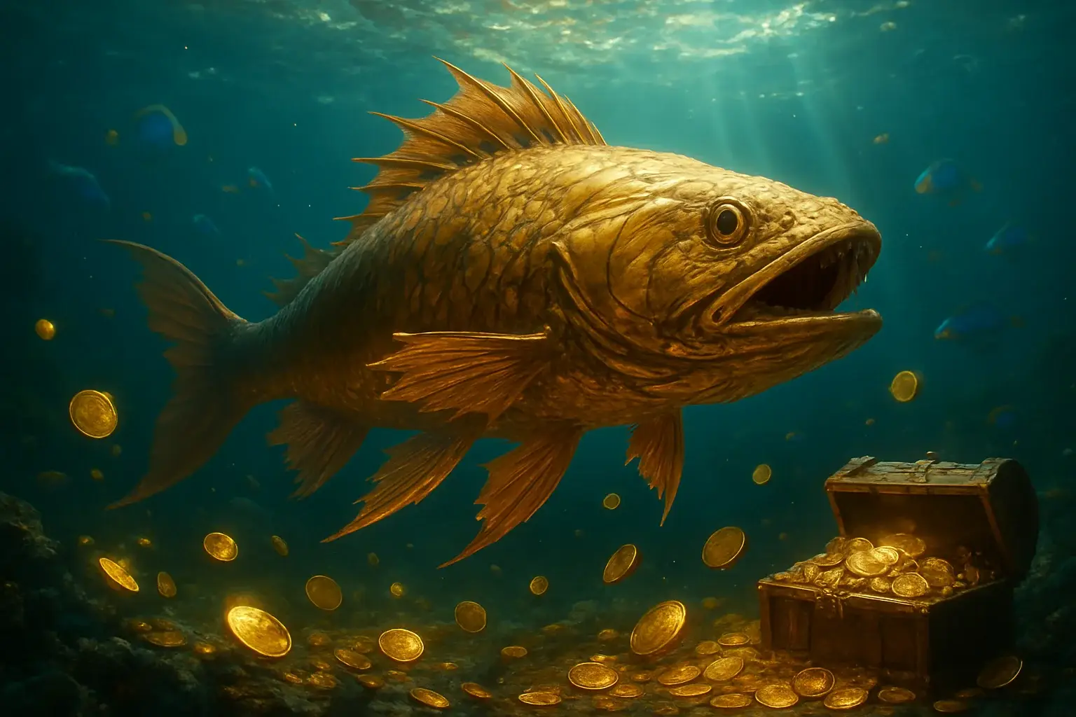 Hyperrealistic underwater golden dragon fish with glowing coins and treasure