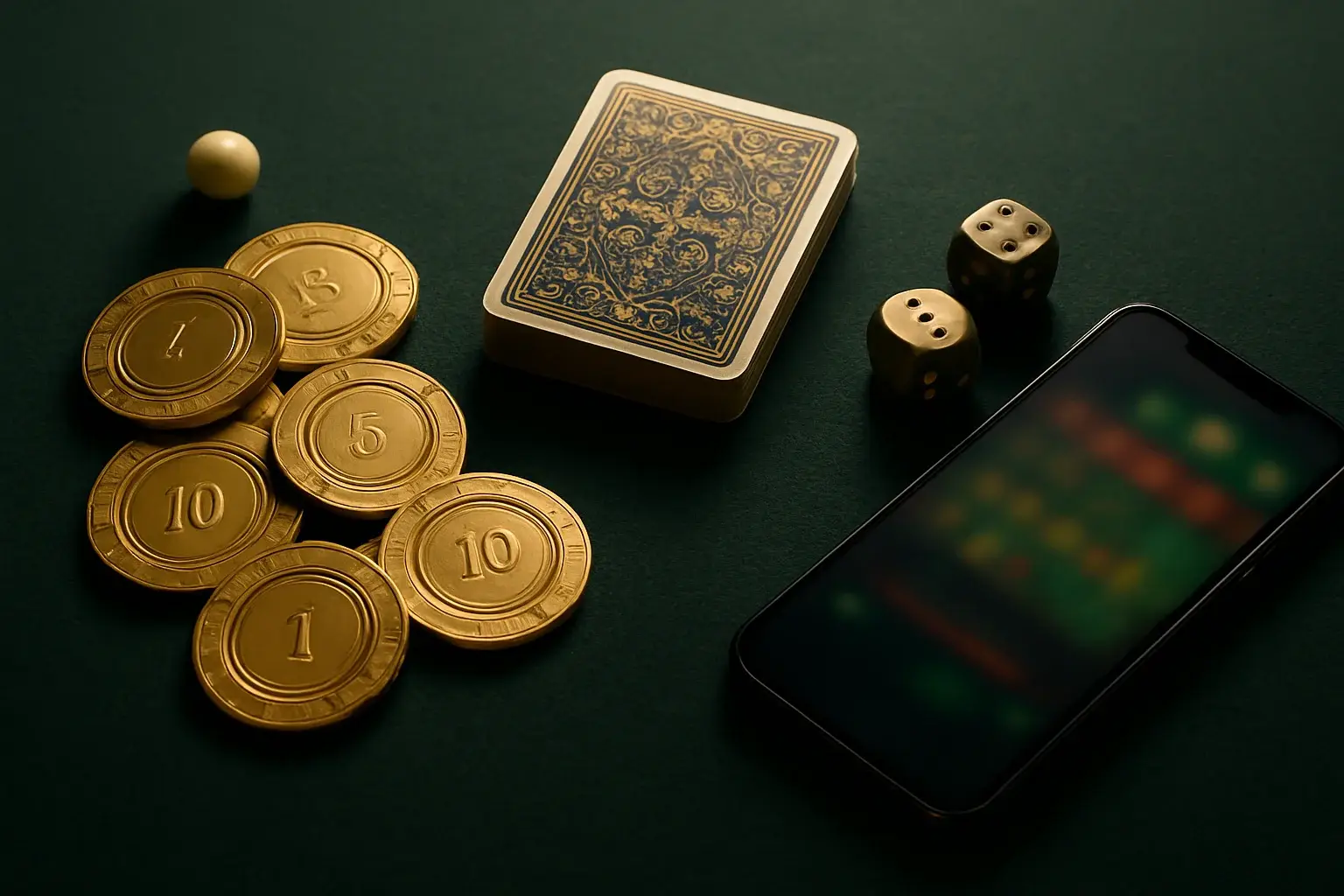 Top-down casino table with golden chips, cards, dice, roulette ball, smartphone