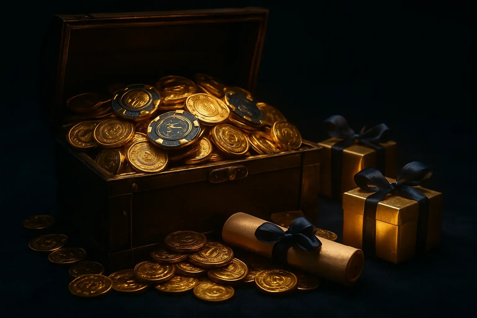 Overflowing treasure chest with gold coins, casino chips, vouchers, and gift boxes