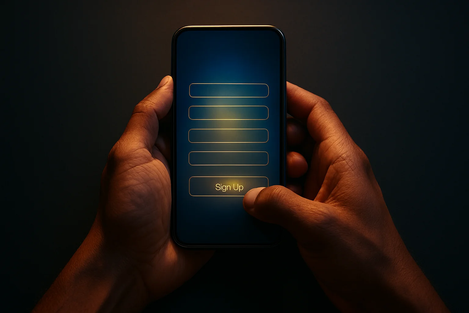 Filipino man hands holding smartphone with blurred registration screen, blue gold glow