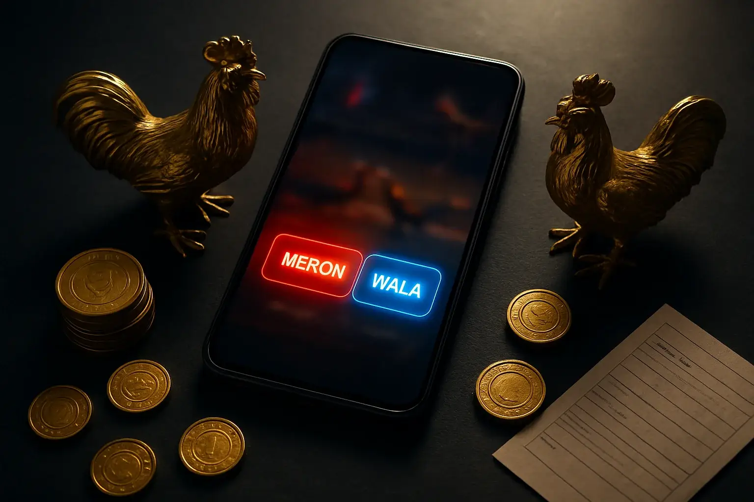 Smartphone sabong betting interface with golden roosters, peso coins, casino chips