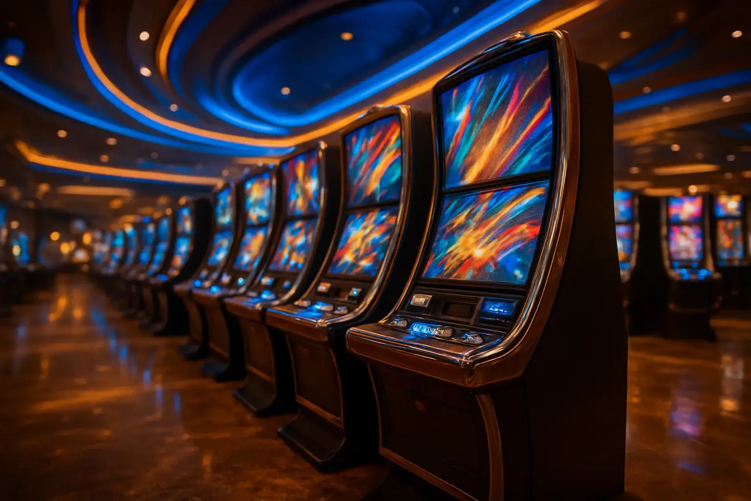 Hyperrealistic wide shot of Manila casino slots floor with blue gold lighting