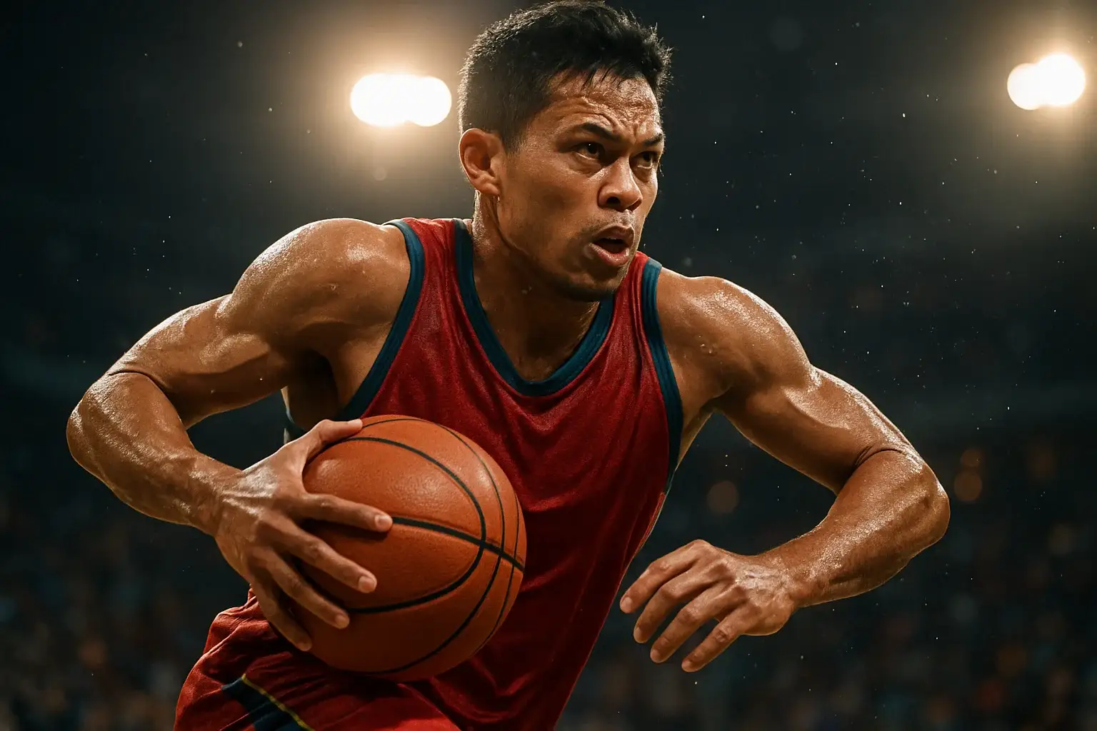Filipino PBA player mid-air driving to basket, ball pressed to chest